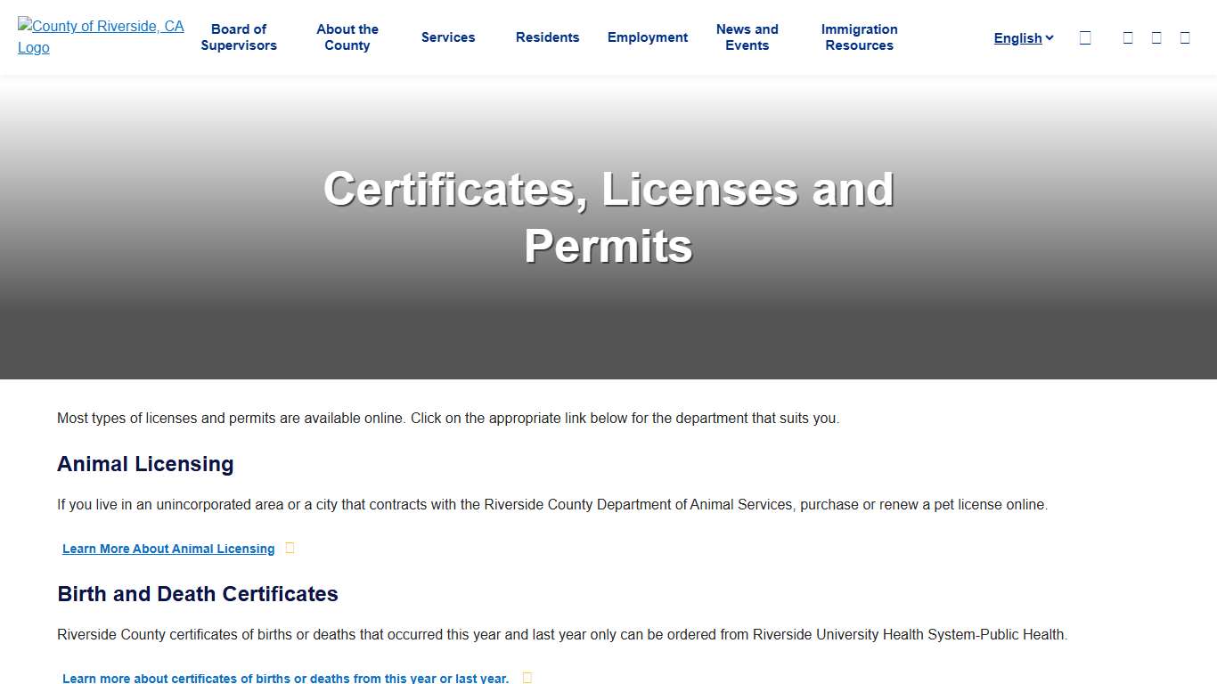 Certificates, Licenses and Permits County of Riverside, CA